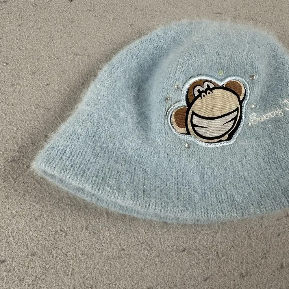 Y2K Bobby Jack Girls‎ Fuzzy Angora Beanie Hat Blue Monkey Embroidered Knit Retro
